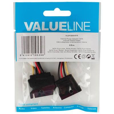 VALUELINE Καλώδιο Αντάπτορας Τροφοδοσίας SATA 15pin αρσ. σε Molex 4pin θηλ. και SATA 15pin θηλ. 15cm VLCP 73555V 0.15